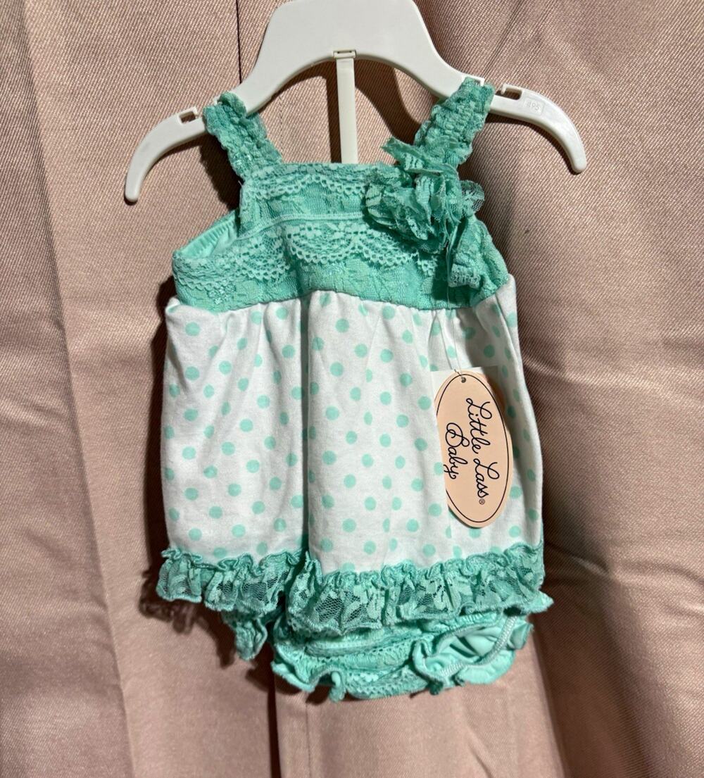 Little Lass Baby Girls 2pc Shorts Set Green/White Polka Dot Lace Ruffle 0-3M